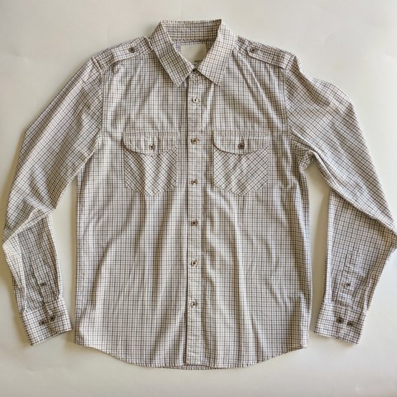 Long Sleeve Shoulder Tabs Plaid Buttondown Brown - Picture 2 of 6